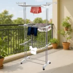 3-Tier Foldable Stainless Steel Cloth Drying Stand with Wheels - Image 3