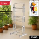 3 Layer Foldable Stainless Steel Cloth Drying Stand with Wheels - Image 2