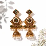 Premium Antique Gold-Plated Geometric Stone & Pearl Jhumka Earrings - Image 2