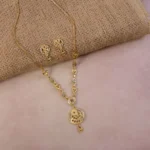 Classic Gold-Tone Floral Engraved Pendant Necklace Set with Designer Stud Earrings - Image 2