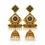 Premium Antique Gold-Plated Geometric Stone & Pearl Jhumka Earrings - Image 3