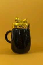 "Be Mine Mr. Black Ceramic Coffee Mug with Golden Lid and Bow Tie - Image 3