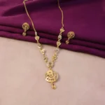Classic Gold-Tone Floral Engraved Pendant Necklace Set with Designer Stud Earrings - Image 3