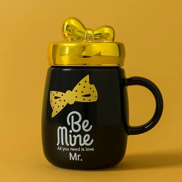 "Be Mine Mr. Black Ceramic Coffee Mug with Golden Lid and Bow Tie