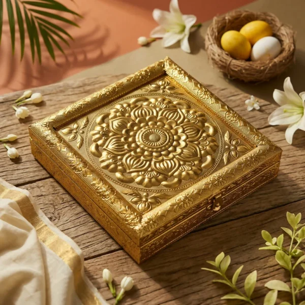 Handcrafted Golden Embossed Floral Mandala Design Metal Jewelry Box