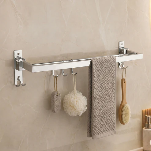 Wall Mounted Stainless Steel Towel Rod with Hooks Space Saving Bathroom Organizer