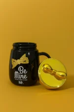 "Be Mine Mr. Black Ceramic Coffee Mug with Golden Lid and Bow Tie - Image 4